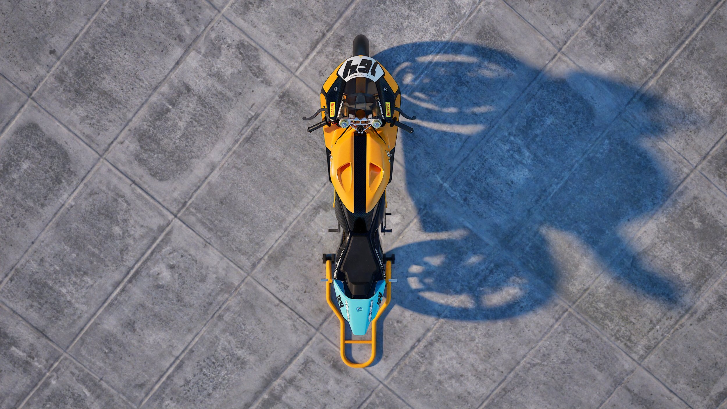 Aerial view of the bike on concrete